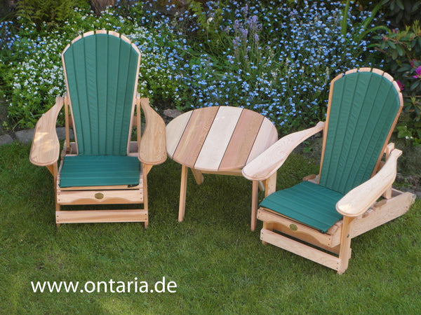 2 Classic Adirondack Chairs, Schemel, Tisch & Polster
